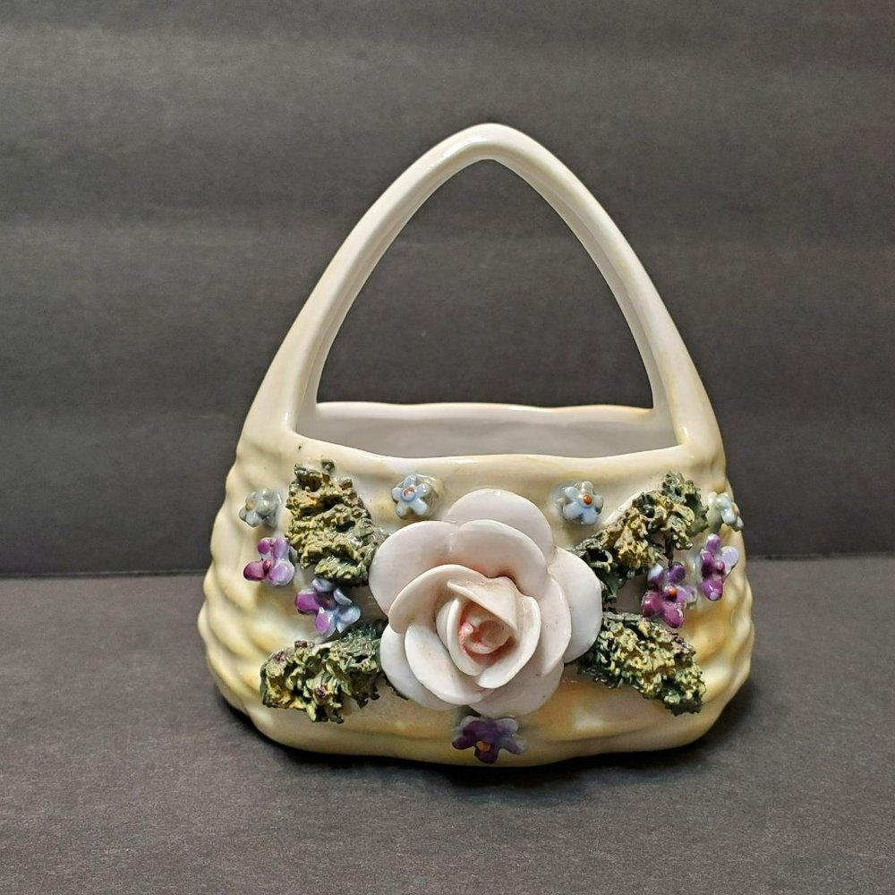 Antique German Elfinware Porcelain Basket, Applied Flowers and Moss, Lusterware